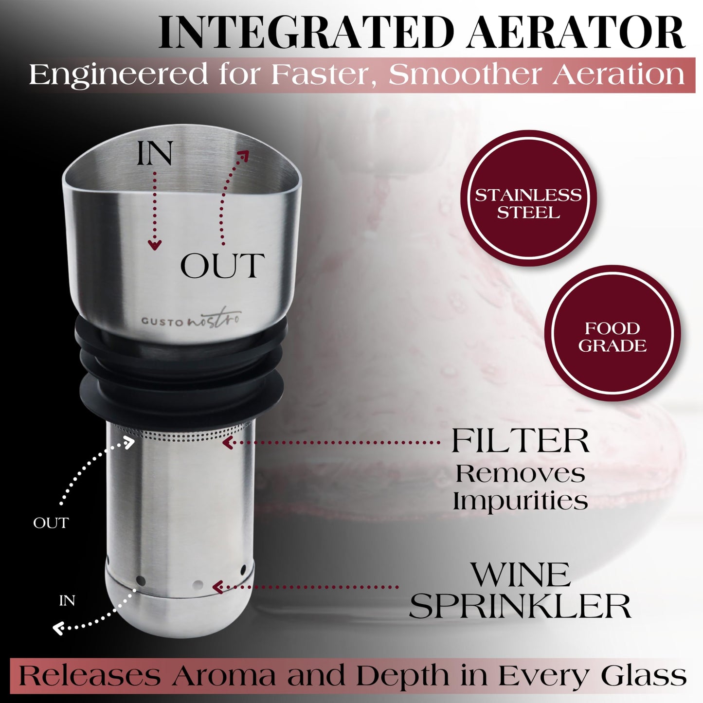 Gusto Nostro - Crystal Wine Decanter - Handblown, Lead-free Red Wine Decanter (Designed in Italy)