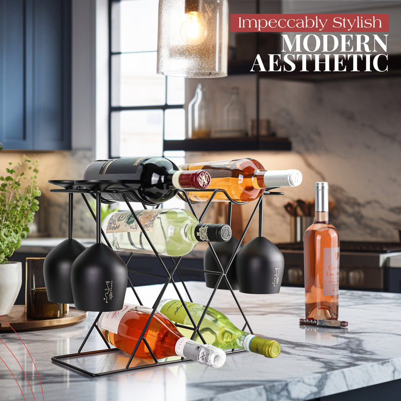 Gusto Nostro Countertop Wine Rack & Glasses Holder - Black