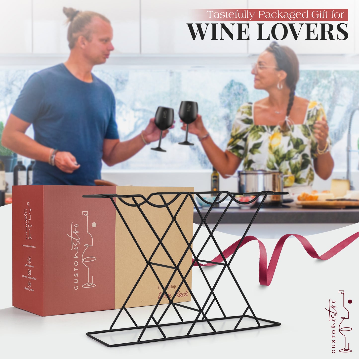 Gusto Nostro Countertop Wine Rack & Glasses Holder - Black