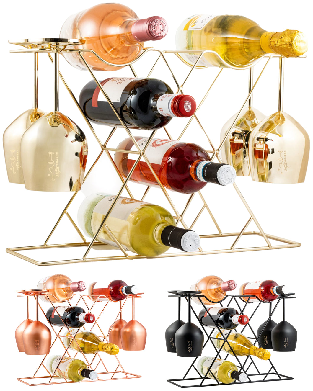 Gusto Nostro Countertop Wine Rack & Glasses Holder - Gold