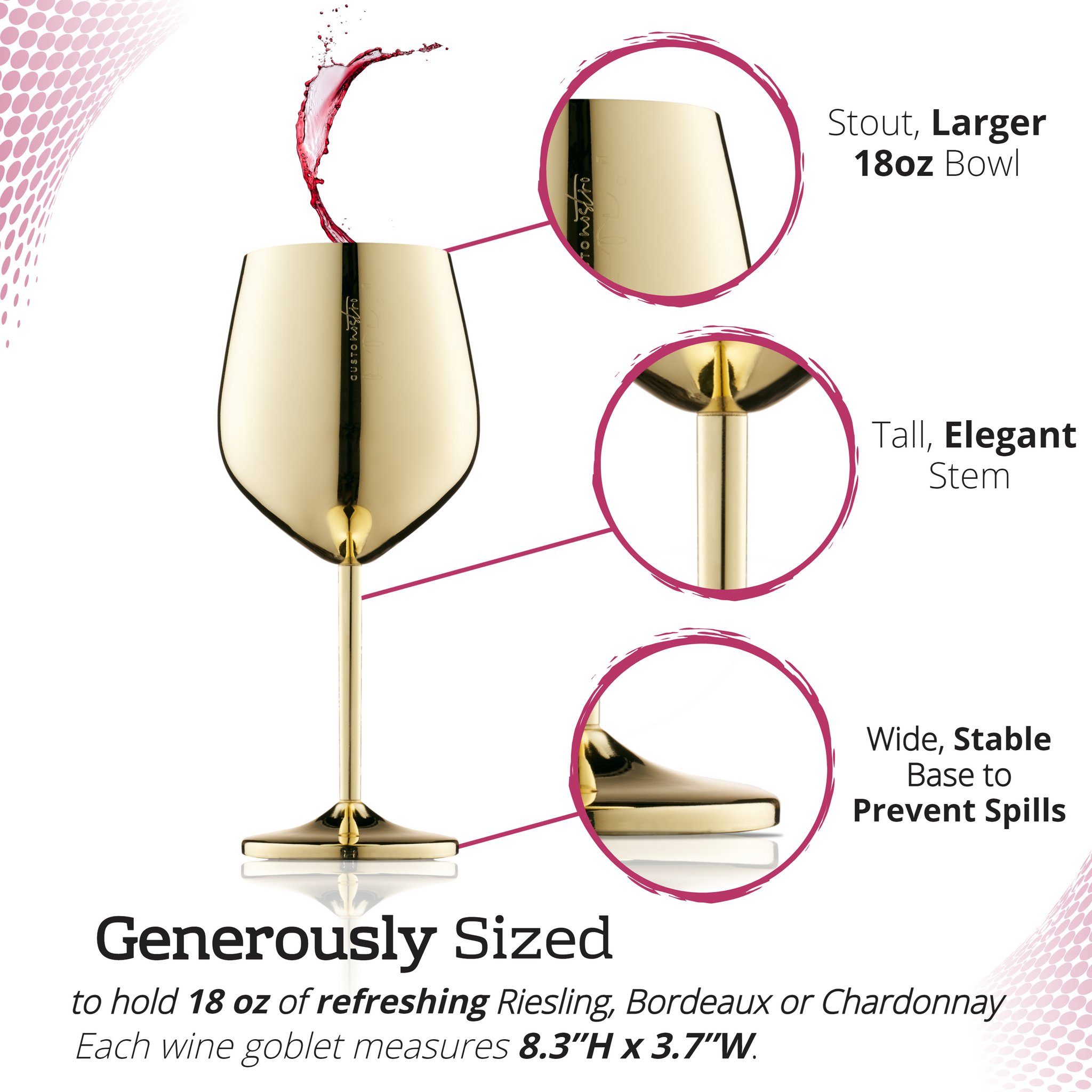 Gusto Nostro Stainless Steel Wine Glass - 18 oz - Cute, Unbreakable Wi